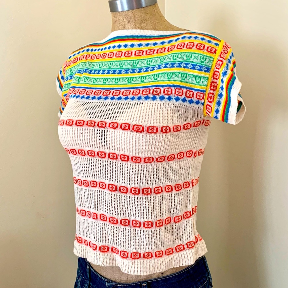 1970's Retro Vintage Colorful Short Sleeve Knit Top Size Small by Kenneth Too